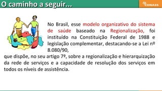 No Brasil, esse modelo organizativo do sistema
de saúde baseado na Regionalização, foi
instituído na Constituição Federal de 1988 e
legislação complementar, destacando-se a Lei nº
8.080/90,
que dispõe, no seu artigo 7º, sobre a regionalização e hierarquização
da rede de serviços e a capacidade de resolução dos serviços em
todos os níveis de assistência.
O caminho a seguir...O caminho a seguir...
 