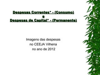 Despesas Correntes* - (Consumo)
                e
Despesas de Capital* - (Permanente)




        Imagens das despesas
          no CEEJA Vilhena
           no ano de 2012
 