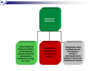 Núcleos de
relevâncias
Diversidade de
locais de prática
contemplando
atenção primária,
secundária e
terciária ao longo
do curso.
Inserção do
estudante nos
cenários de
prática;
Integração entre
profissionais da
Faculdade e
serviço e
articulação entre
prática e teoria nos
cenários de ensino.
 
