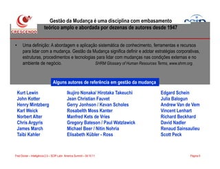Gestão da Mudança é uma disciplina com embasamento
teórico amplo e abordada por dezenas de autores desde 1947
• Uma definição: A abordagem e aplicação sistemática de conhecimento, ferramentas e recursos
para lidar com a mudança. Gestão da Mudança significa definir e adotar estratégias corporativas,
estruturas, procedimentos e tecnologias para lidar com mudanças nas condições externas e no
ambiente de negócio. SHRM Glossary of Human Resources Terms, www.shrm.org.
Alguns autores de referência em gestão da mudança
Página 9Fred Donier – Inteligência 2.0 – SCIP Latin America Summit – 04.10.11
Kurt Lewin
John Kotter
Henry Mintzberg
Karl Weick
Norbert Alter
Chris Argyris
James March
Taibi Kahler
Ikujiro Nonaka/ Hirotaka Takeuchi
Jean Christian Fauvet
Gerry Jonhson / Kevan Scholes
Rosabelth Moss Kanter
Manfred Kets de Vries
Gregory Bateson / Paul Watzlawick
Michael Beer / Nitin Nohria
Elisabeth Kübler - Ross
Edgard Schein
Julia Balogun
Andrew Van de Vem
Vincent Lenhart
Richard Beckhard
David Nadler
Renaud Sainsaulieu
Scott Peck
Alguns autores de referência em gestão da mudança
 