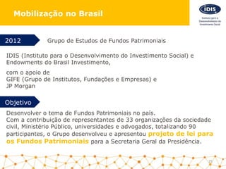 25
Grupo de Estudos de Fundos Patrimoniais
Mobilização no Brasil
IDIS (Instituto para o Desenvolvimento do Investimento Social) e
Endowments do Brasil Investimento,
com o apoio de
GIFE (Grupo de Institutos, Fundações e Empresas) e
JP Morgan
Desenvolver o tema de Fundos Patrimoniais no país.
Com a contribuição de representantes de 33 organizações da sociedade
civil, Ministério Público, universidades e advogados, totalizando 90
participantes, o Grupo desenvolveu e apresentou projeto de lei para
os Fundos Patrimoniais para a Secretaria Geral da Presidência.
2012
Objetivo
 