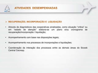 •   Através de diagnósticos das cooperativas sinalizadas, como situação “critica” ou
    em “estado de atenção” elabora-se um plano e/ou cronograma de
    recuperação/incorporação / liquidação;

•   Acompanhamento com base nas disposições legais;

•   Acompanhamento nos processos de incorporações e liquidações;

•   Coordenação da interação dos processos entre as demais áreas do Sicoob
    Central Cecresp.
 