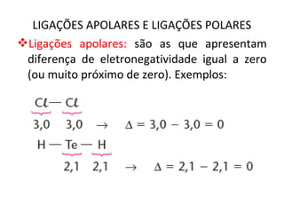LIGAÇÕES APOLARES E LIGAÇÕES POLARES
Ligações apolares: são as que apresentam
diferença de eletronegatividade igual a zero
(ou muito próximo de zero). Exemplos:
 
