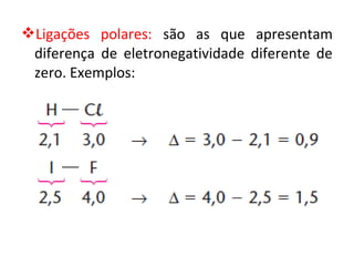 Ligações polares: são as que apresentam
diferença de eletronegatividade diferente de
zero. Exemplos:
 