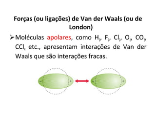 Forças (ou ligações) de Van der Waals (ou de
London)
Moléculas apolares, como H2, F2, Cl2, O2, CO2,
CCl4 etc., apresentam interações de Van der
Waals que são interações fracas.
 