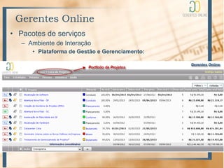 Gerentes Online
• Pacotes de serviços
   – Ambiente de Interação
      • Plataforma de Gestão e Gerenciamento:
 