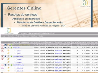 Gerentes Online
• Pacotes de serviços
   – Ambiente de Interação
      • Plataforma de Gestão e Gerenciamento
          – Visão da Estrutura Analítica do Projeto - EAP
 