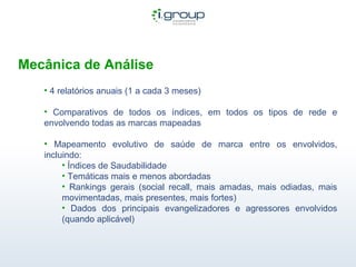 Mecânica de Análise 4 relatórios anuais (1 a cada 3 meses) Comparativos de todos os índices, em todos os tipos de rede e envolvendo todas as marcas mapeadas Mapeamento evolutivo de saúde de marca entre os envolvidos, incluindo: Índices de Saudabilidade Temáticas mais e menos abordadas Rankings gerais (social recall, mais amadas, mais odiadas, mais movimentadas, mais presentes, mais fortes) Dados dos principais evangelizadores e agressores envolvidos (quando aplicável) 