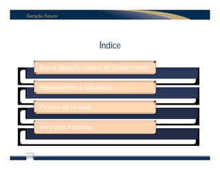 Índice

      Banco Geração Futuro de Investimento


      Planejamento e Estratégia


      Formas de Investir


      Principais Produtos




018
 