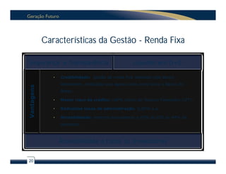 Características da Gestão - Renda Fixa

Segurança e Transparência                             Liquidez em D+0

               •   Credibilidade: gestão da renda fixa realizado pelo Banco
                   Votorantim, instituição que agora conta como sócio o Banco do
Vantagens




                   Brasil;

               •   Menor risco de crédito: 100% Letras do Tesouro Financeiro (LFT);

               •   Reduzidas taxas de administração: 0,60% a.a

               •   Rentabilidade: retornos equivalentes a 93% do CDI ou 49% da
                   poupança;



                   Acessibilidade a todos os Investidores


20
 