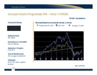 Geração Futuro Programado FIA – Início 11/05/06
                                                              39.569 investidores

Características            Rentabilidade Acumulada desde o início
                              Programado FIA 20%   CDI 42%          Ibovespa 13,26%
Aplicação Inicial
  R$ 100,00


Aplicação Inicial
R$ 100,00

Patrimônio em 31/03/2009
R$ 612, Milhões

Aplicações e Resgates
Cota D+1

Taxa de Administração
4% a.a. paga mensalmente

Tributação
IR de 15% sobre o ganho
nominal
                                                                       Data: 30/04/09

      29
 