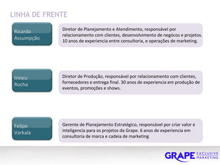 LINHA DE FRENTE Irineu Rocha Felipe Varkala Ricardo Assumpção Diretor de Planejamento e Atendimento, responsável por relacionamento com clientes, desenvolvimento de negócos e projetos. 10 anos de experiencia entre consultoria, e operações de marketing. Diretor de Produção, responsável por relacionamento com clientes, fornecedores e entrega final. 30 anos de experiencia em produção de eventos, promoções e shows. Gerente de Planejamento Estratégico, responsável por criar valor e inteligencia para os projetos da Grape. 6 anos de experiencia em consultoria de marca e cadeia de marketing 