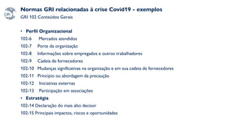 Normas GRI relacionadas à crise Covid19 - exemplos
GRI 102 Conteúdos Gerais
• Perfil Organizacional
102-6 Mercados atendidos
102-7 Porte da organização
102-8 Informações sobre empregados e outros trabalhadores
102-9 Cadeia de fornecedores
102-10 Mudanças significativas na organização e em sua cadeia de fornecedores
102-11 Princípio ou abordagem da precaução
102-12 Iniciativas externas
102-13 Participação em associações
• Estratégia
102-14 Declaração do mais alto decisor
102-15 Principais impactos, riscos e oportunidades
 