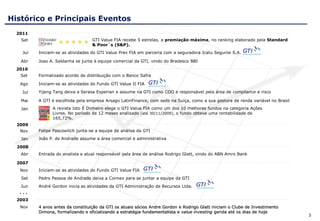 Histórico e Principais Eventos
  2011
   Set                             GTI Value FIA recebe 5 estrelas, a premiação máxima, no ranking elaborado pela Standard
                                   & Poor´s (S&P).
    Jul   Iniciam-se as atividades do GTI Value Prev FIA em parceria com a seguradora Icatu Seguros S.A.

   Abr    Joao A. Saldanha se junta à equipe comercial da GTI, vindo do Bradesco BBI
  2010
   Set    Formalizado acordo de distribuição com o Banco Safra

   Ago    Iniciam-se as atividades do Fundo GTI Value II FIA

    Jul   Yijeng Tang deixa a Serasa Experian e assume na GTI como COO e responsável pela área de compliance e risco

   Mai    A GTI é escolhida pela empresa Arsago LatinFinance, com sede na Suíça, como a sua gestora de renda variável no Brasil

   Jan          A revista Isto É Dinheiro elege o GTI Value FIA como um dos 10 melhores fundos na categoria Ações
                Livres. No período de 12 meses analisado (até 30/11/2009), o fundo obteve uma rentabilidade de
                165,72%.
  2009
   Nov    Felipe Pascowitch junta-se a equipe de análise da GTI
   Jan    João P. de Andrade assume a área comercial e administrativa

  2008
   Abr    Entrada do analista e atual responsável pela área de análise Rodrigo Glatt, vindo do ABN Amro Bank

  2007
   Nov    Iniciam-se as atividades do Fundo GTI Value FIA
   Set    Pedro Pessoa de Andrade deixa a Coimex para se juntar a equipe da GTI
   Jun    André Gordon inicia as atividades da GTI Administração de Recursos Ltda.
   ...
  2003
   Nov    4 anos antes da constituição da GTI os atuais sócios Andre Gordon e Rodrigo Glatt iniciam o Clube de Investimento
          Dimona, formalizando e oficializando a estratégia fundamentalista e value investing gerida até os dias de hoje
                                                                                                                                  3
 