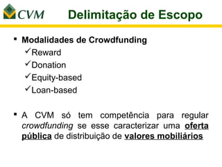 Delimitação de Escopo
 Modalidades de Crowdfunding
  Reward
  Donation
  Equity-based
  Loan-based

 A CVM só tem competência para regular
  crowdfunding se esse caracterizar uma oferta
  pública de distribuição de valores mobiliários
 