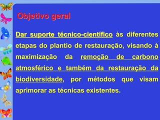 Objetivo geral

Dar suporte técnico-científico às diferentes
etapas do plantio de restauração, visando à
maximização    da   remoção    de   carbono
atmosférico e também da restauração da
biodiversidade, por métodos que visam
aprimorar as técnicas existentes.
 