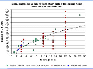 Sequestro de C em reflorestamentos heterogêneos
                                            com espécies nativas
                        170
                        160
                        150
                        140
                        130
Estoque de C (t C/ha)




                        120
                        110
                        100
                         90
                         80
                         70
                         60
                         50
                         40
                         30
                         20
                         10
                          0
                              0    2    4    6   8   10 12 14 16 18 20 22 24 26 28 30
                                                        Idade (anos)

                              Melo e Durigan, 2006   CURVA AES    Dados AES   Suganuma, 2007
 