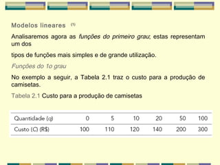Modelos lineares   (1) Analisaremos agora as  funções do primeiro grau ; estas representam um dos tipos de funções mais simples e de grande utilização. Funções do 1o grau No exemplo a seguir, a Tabela 2.1 traz o custo para a produção de camisetas. Tabela 2.1  Custo para a produção de camisetas 