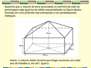 Suponha que o volume de terra acumulada no carrinho-de-mão do personagem seja igual ao do sólido esquematizado na figura abaixo, formado por uma pirâmide reta sobreposta a um paralelepípedo retângulo.   Assim, o volume médio de terra que Hagar acumulou em cada ano de trabalho é, em dm 3 , igual a:   