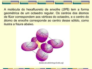 A molécula do hexafluoreto de enxofre ( SF 6) tem a forma geométrica de um octaedro regular. Os centros dos átomos de flúor correspondem aos vértices do octaedro, e o centro do átomo de enxofre corresponde ao centro desse sólido, como ilustra a figura abaixo. 