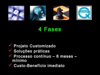 4 Fases
 Projeto Customizado
 Soluções práticas
 Processo contínuo – 6 meses –
mínimo
 Custo-Benefício imediato

 