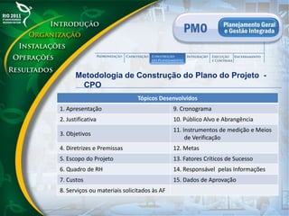 Metodologia de Construção do Plano do Projeto -
CPO
Tópicos Desenvolvidos
1. Apresentação 9. Cronograma
2. Justificativa 10. Público Alvo e Abrangência
3. Objetivos
11. Instrumentos de medição e Meios
de Verificação
4. Diretrizes e Premissas 12. Metas
5. Escopo do Projeto 13. Fatores Críticos de Sucesso
6. Quadro de RH 14. Responsável pelas Informações
7. Custos 15. Dados de Aprovação
8. Serviços ou materiais solicitados às AF
 
