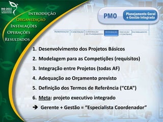 1. Desenvolvimento dos Projetos Básicos
2. Modelagem para as Competições (requisitos)
3. Integração entre Projetos (todas AF)
4. Adequação ao Orçamento previsto
5. Definição dos Termos de Referência (“CEA”)
6. Meta: projeto executivo integrado
 Gerente + Gestão = “Especialista Coordenador”
 