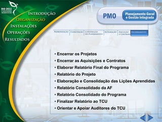• Encerrar os Projetos
• Encerrar as Aquisições e Contratos
• Elaborar Relatório Final do Programa
• Relatório do Projeto
• Elaboração e Consolidação das Lições Aprendidas
• Relatório Consolidado da AF
• Relatório Consolidado do Programa
• Finalizar Relatório ao TCU
• Orientar e Apoiar Auditores do TCU
 