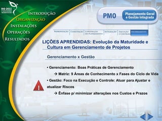 LIÇÕES APRENDIDAS: Evolução da Maturidade e
Cultura em Gerenciamento de Projetos
• Gerenciamento: Boas Práticas de Gerenciamento
 Matriz: 9 Áreas de Conhecimento x Fases do Ciclo de Vida
• Gestão: Foco na Execução e Controle: Atuar para Ajustar e
atualizar Riscos
 Ênfase p/ minimizar alterações nos Custos e Prazos
Gerenciamento x Gestão
 