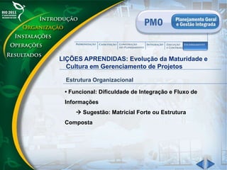 LIÇÕES APRENDIDAS: Evolução da Maturidade e
Cultura em Gerenciamento de Projetos
Estrutura Organizacional
• Funcional: Dificuldade de Integração e Fluxo de
Informações
 Sugestão: Matricial Forte ou Estrutura
Composta
 