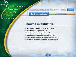 Resumo quantitativo
CENTROS INTEGRADOS DE AÇÃO LOCAL
• Em instalações esportivas - 23
• Em instalações não esportivas - 12
• Projeções em instalações esportivas – 01
• Projeções em instalações não esportivas – 07
• Em veículo (atendeu 3 eventos esportivas) - 01
 