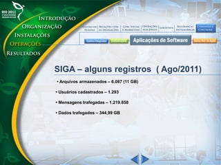 SIGA – alguns registros ( Ago/2011)
• Arquivos armazenados – 6.087 (11 GB)
• Usuários cadastrados – 1.293
• Mensagens trafegadas – 1.219.858
• Dados trafegados – 344,99 GB
 