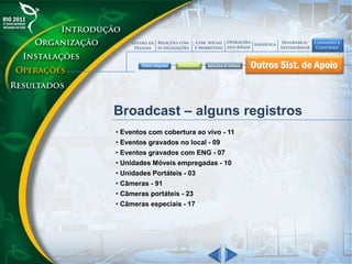 Broadcast – alguns registros
• Eventos com cobertura ao vivo - 11
• Eventos gravados no local - 09
• Eventos gravados com ENG - 07
• Unidades Móveis empregadas - 10
• Unidades Portáteis - 03
• Câmeras - 91
• Câmeras portáteis - 23
• Câmeras especiais - 17
 