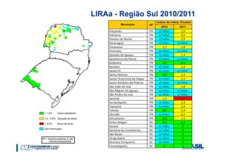 LIRAa - Região Sul 2010/2011
                                                             Indice de Infest. Predial
                                    Município           UF
                                                                2010         2011
                            Paiçandu                    PR    s/ infor.        1,0
                            Palotina                    PR    s/ infor.        0,5
                            Paraíso do Norte            PR    s/ infor.        2,9
                            Paranaguá                   PR    s/ infor.     s/ infor.
                            Paranavaí                   PR       1,7           1,8
                            Porecatu                    PR    s/ infor.     s/ infor.
                            Quedas do Iguaçu            PR    s/ infor.        1,3
                            Querência do Norte          PR    s/ infor.     s/ infor.
                            Rolândia                    PR       0,4           0,1
                            Rondon                      PR    s/ infor.        2,9
                            Santa Fé                    PR    s/ infor.     s/ infor.
                            Santa Helena                PR       0,9           1,3
                            Santa Terezinha do Itaipú   PR    s/ infor.        1,1
                            Santo Antônio da Platina    PR    s/ infor.     s/ infor.
                            São João do Ivaí            PR    s/ infor.        1,8
                            São Miguel do Iguaçu        PR    s/ infor.     s/ infor.
                            São Pedro do Ivaí           PR    s/ infor.     s/ infor.
                            Sarandi                     PR       1,5           6,2
                            Sertanópolis                PR    s/ infor.        1,3
                            Tapejara                    PR    s/ infor.        2,4
                            Toledo                      PR       0,6           1,4
                            Ubiratã                     PR    s/ infor.        0,2
                            Umuarama                    PR       0,8           1,4
                            Porto Alegre                RS       0,1           0,2
                            Quaraí                      RS    s/ infor.         0
                            Santana do Livramento       RS    s/ infor.         0
                            São Borja                   RS    s/ infor.         0
                            Uruguaiana                  RS    s/ infor.         0
                            Dionísio Cerqueira          SC    s/ infor.         0
Fonte: SES/SMS/SVS/MS       Florianópolis               SC        0             0
 