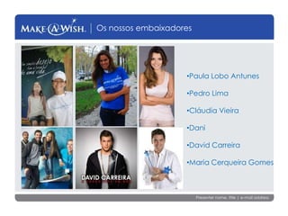 Presenter name, title | e-mail address
Os nossos embaixadores
•Paula Lobo Antunes
•Pedro Lima
•Cláudia Vieira
•Dani
•David Carreira
•Maria Cerqueira Gomes
 