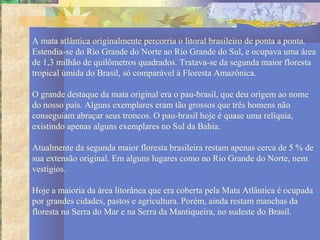 A mata atlântica originalmente percorria o litoral brasileiro de ponta a ponta.
Estendia-se do Rio Grande do Norte ao Rio Grande do Sul, e ocupava uma área
de 1,3 milhão de quilômetros quadrados. Tratava-se da segunda maior floresta
tropical úmida do Brasil, só comparável à Floresta Amazônica.

O grande destaque da mata original era o pau-brasil, que deu origem ao nome
do nosso país. Alguns exemplares eram tão grossos que três homens não
conseguiam abraçar seus troncos. O pau-brasil hoje é quase uma relíquia,
existindo apenas alguns exemplares no Sul da Bahia.

Atualmente da segunda maior floresta brasileira restam apenas cerca de 5 % de
sua extensão original. Em alguns lugares como no Rio Grande do Norte, nem
vestígios.

Hoje a maioria da área litorânea que era coberta pela Mata Atlântica é ocupada
por grandes cidades, pastos e agricultura. Porém, ainda restam manchas da
floresta na Serra do Mar e na Serra da Mantiqueira, no sudeste do Brasil.
 