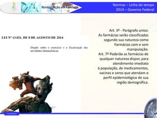 Farm Waine Souza
Normalização em Farmácia
Normas – Linha do tempo
2014 – Governo Federal
https://www.bbc.com/portuguese/internacional-55351015
Art. 3º - Parágrafo unico:
As farmácias serão classificadas
segundo sua natureza como
Farmácias com e sem
manipulação.
Art. 7º Poderão as farmácias de
qualquer natureza dispor, para
atendimento imediato
à população, de medicamentos,
vacinas e soros que atendam o
perfil epidemiológico de sua
região demográfica.
 