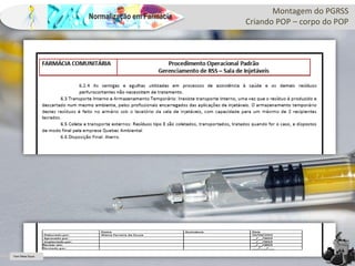 Normalização em Farmácia
Montagem do PGRSS
Criando POP – corpo do POP
Farm Waine Souza
 