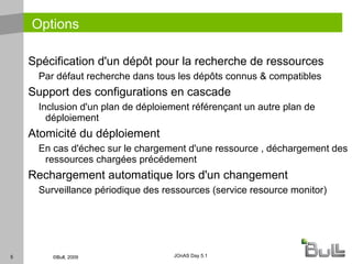 Plan de déploiement JOnAS (1) Nouvelle unité de déploiement de type fichier XML  Décrivant des dépôts Url, maven, obr <?xml version="1.0" encoding="UTF-8"?> <repositories  xmlns="http://jonas.ow2.org/ns/deployment-plan/repositories/1.0" xmlns:xsi="http://www.w3.org/2001/XMLSchema-instance"> <repository id="http-repo"> <type>url</type> <url>http://localhost/</url> </repository> <repository id="maven-repo"> <type>maven2</type> <url>http://repo1.maven.org/maven2/</url> </repository> <repository id="obr-repo"> <type>obr</type> <url>file:///C:/obr/</url> </repository> </repositories>  