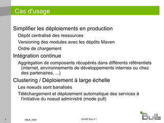 Options Spécification d'un dépôt pour la recherche de ressources Par défaut recherche dans tous les dépôts connus & compatibles Support des configurations en cascade Inclusion d'un plan de déploiement référençant un autre plan de déploiement Atomicité du déploiement En cas d'échec sur le chargement d'une ressource , déchargement des ressources chargées précédement Rechargement automatique lors d'un changement Surveillance périodique des ressources (service resource monitor) 