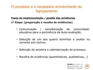 O processo e o necessário envolvimento do Agrupamento Recolha de evidências (quantitativas, qualitativas,…) Fases de implementação / gestão das evidências 1º Etapa: (preparação e recolha de evidências)   Comunicação / sensibilização da comunidade educativa para a pertinência da Auto-avaliação; Selecção de um dos quatro domínios a avaliar no corrente ano lectivo; Selecção da amostra e calendarização do processo; 9 