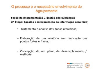 O processo e o necessário envolvimento do Agrupamento Elaboração de um relatório com indicação dos pontos fortes e fracos; Fases de implementação / gestão das evidências 2ª Etapa: (gestão e interpretação da informação recolhida) Tratamento e análise dos dados recolhidos; Concepção de um plano de desenvolvimento / melhoria; 10 