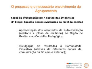 O processo e o necessário envolvimento do Agrupamento Divulgação de resultados à Comunidade Educativa (através de diferentes canais de comunicação da BE com o exterior); 3º Etapa: (gestão dessas evidências ao nível da escola) Apresentação dos resultados da auto-avaliação (relatório e plano de melhoria) ao Órgão de Gestão e ao Conselho Pedagógico; Fases de implementação / gestão das evidências 11 