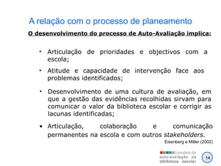 A relação com o processo de planeamento Articulação, colaboração e comunicação permanentes na escola e com outros  stakeholders.   Eisenberg e Miller (2002) O desenvolvimento do processo de Auto-Avaliação implica: Articulação de prioridades e objectivos com a escola; Atitude e capacidade de intervenção face aos problemas identificados; Desenvolvimento de uma cultura de avaliação, em que a gestão das evidências recolhidas sirvam para comunicar o valor da biblioteca escolar e corrigir as lacunas identificadas; 14 