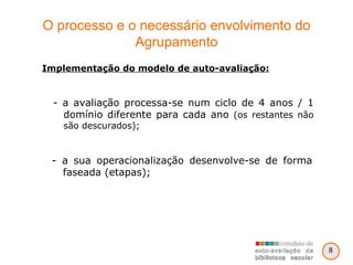 O processo e o necessário envolvimento do Agrupamento - a sua operacionalização desenvolve-se de forma faseada (etapas); Implementação do modelo de auto-avaliação: - a avaliação processa-se num ciclo de 4 anos / 1 domínio diferente para cada ano  (os restantes não são descurados); 8 