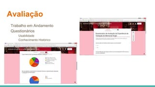 Avaliação
Trabalho em Andamento
Questionários
Usabilidade
Conhecimento Histórico
 