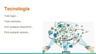 Tecnologia
Todo lugar…
Todo momento...
Com qualquer dispositivo…
Para qualquer pessoa...
 