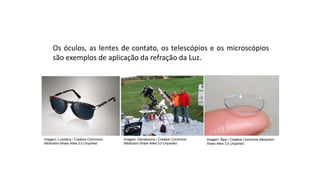 Ciências, 9º Ano
Os Fenômenos Ópticos e suas Relações.
Os óculos, as lentes de contato, os telescópios e os microscópios
são exemplos de aplicação da refração da Luz.
Imagem: Luxottica / Creative Commons
Attribution-Share Alike 3.0 Unported
Imagem: Danielozma / Creative Commons
Attribution-Share Alike 3.0 Unported
Imagem: Bpw / Creative Commons Attribution-
Share Alike 3.0 Unported
 