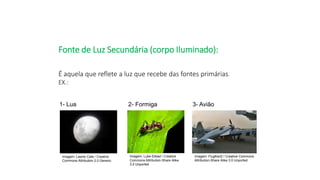 Ciências, 9º Ano
Os Fenômenos Ópticos e suas Relações.
Fonte de Luz Secundária (corpo Iluminado):
É aquela que reflete a luz que recebe das fontes primárias.
EX.:
1- Lua 2- Formiga 3- Avião
Imagem: Lawrie Cate / Creative
Commons Attribution 2.0 Generic
Imagem: Luke Elstad / Creative
Commons Attribution-Share Alike
3.0 Unported
Imagem: FlugKerl2 / Creative Commons
Attribution-Share Alike 3.0 Unported
 