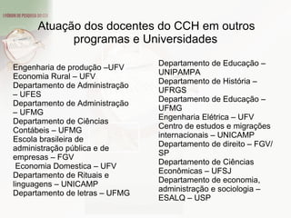 Atuação dos docentes do CCH em outros programas e Universidades   Engenharia de produção –UFV Economia Rural – UFV Departamento de Administração – UFES Departamento de Administração – UFMG Departamento de Ciências Contábeis – UFMG Escola brasileira de administração pública e de empresas – FGV Economia Domestica – UFV Departamento de Rituais e linguagens – UNICAMP Departamento de letras – UFMG Departamento de Educação – UNIPAMPA Departamento de História – UFRGS Departamento de Educação – UFMG Engenharia Elétrica – UFV Centro de estudos e migrações internacionais – UNICAMP Departamento de direito – FGV/SP Departamento de Ciências Econômicas – UFSJ Departamento de economia, administração e sociologia – ESALQ – USP 
